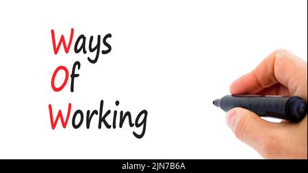 WOW ways of working symbol. Concept words WOW ways of working on a beautiful white background. Businessman hand. Business and WOW ways of working conc Stock Photo