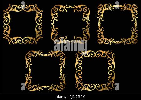 A set of vector vintage floral gold decorative gothic frames and borders. Stock Vector