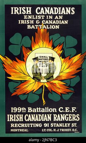 Irish Canadians, Enlist in an Irish and Canadian battalion, 199th Battalion C. E. F., Irish Canadian Rangers (1915) World War I era poster Stock Photo