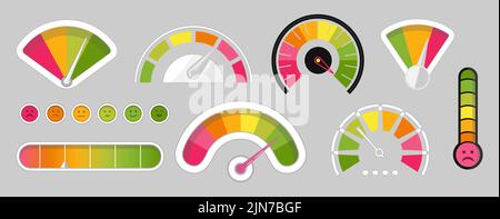 Credit score icon set vector. Bank indicator of client credit history from bad to good. Payment history measurement tool. Stock Vector