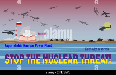 Stop the nuclear threat. Illustration. The danger of radioactive contamination in connection with the fighting in Energodar and Kakhovka, Zaporozhye r Stock Vector