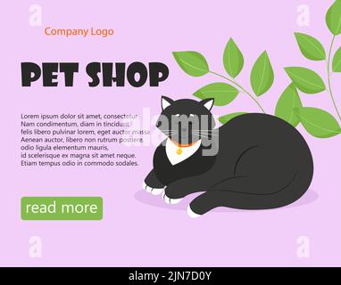 Pet shop banner. Black cat with a collar. Vector illustration in flat style Stock Vector