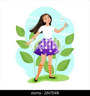 Cute smiling girl with a flower in her hand. A female character in a floral skirt. Vector illustration in flat cartoon Stock Vector