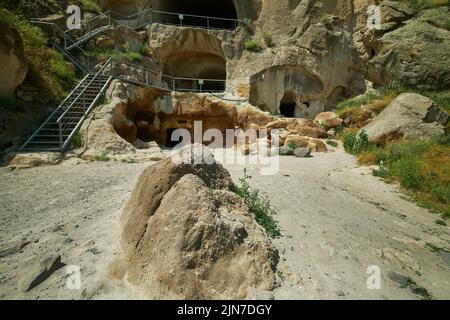 Vardzia cave monastery site in southern Georgia excavated from the slopes of the Erusheti Mountain on the left bank of the Kura River daylight view Stock Photo