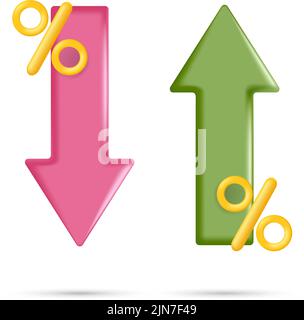 Trading stock market arrows with percent interest set. Red and green sell to buy curve 3d arrow of trend. Vector illustration Stock Vector