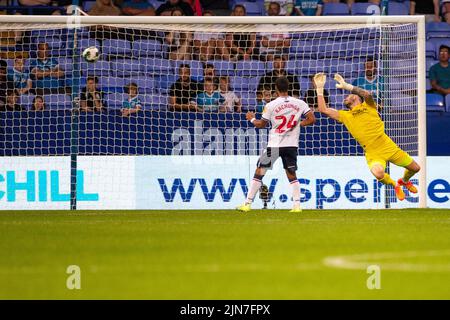 Bolton, UK. 9th August, 2022. Kieran Sadlier (7) of Bolton Wanderers scores a goal during the Carabao Cup match between Bolton Wanderers and Salford City at the University of Bolton Stadium, Bolton on Tuesday 9th August 2022. (Credit: Mike Morese | MI News) during the Carabao Cup match between Bolton Wanderers and Salford City at the University of Bolton Stadium, Bolton on Tuesday 9th August 2022. (Credit: Mike Morese | MI News) Credit: MI News & Sport /Alamy Live News Stock Photo