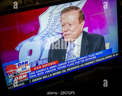 Robert Herring, the owner of the One America News (OAN) channel is interviewed on OAN on Tuesday, July 26, 2022 about the future of the channel as Verizon Fios has announced that it is dropping it as of July 31. The ultra-conservative channel which promoted MAGA, Trump and far-right conspiracies has already been dropped by DirecTV.  (© Richard B. Levine) Stock Photo