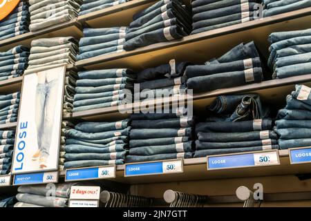 Denim selection in the newly reopened Old Navy store in Times Square in New York on Sunday, July 31, 2022. (© Richard B. Levine) Stock Photo