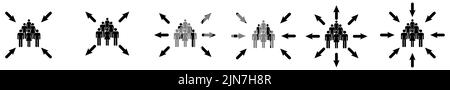 Arrows pointing to group of people icon. Concept of team importance, or selection. Version with outward and inward points Stock Vector