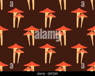 Toadstool mushrooms seamless pattern. Mushrooms with red caps. Not edible poisonous toadstool mushrooms. Design for posters, banners and promotional i Stock Vector