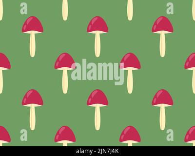 Mushrooms seamless pattern. Mushrooms with red caps on a green background. Toadstools, hallucinogenic mushrooms. Design for posters, banners and promo Stock Vector