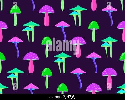 Psychedelic mushrooms seamless pattern. Acid trip, colorful mushrooms in the style of the 80s. Design for posters, banners and promotional products. V Stock Vector