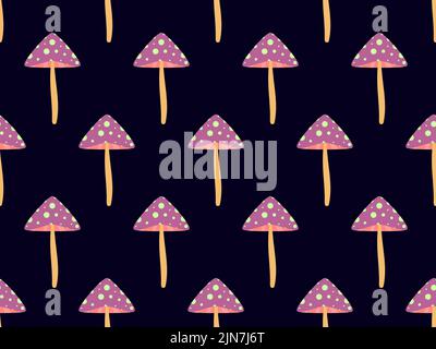 Toadstool mushrooms seamless pattern. Mushrooms on black background. Not edible poisonous toadstool mushrooms. Design for posters, banners and promoti Stock Vector