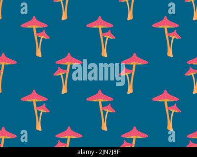 Toadstool mushrooms seamless pattern. Mushrooms with red caps. Not edible poisonous toadstool mushrooms. Design for posters, banners and promotional i Stock Vector