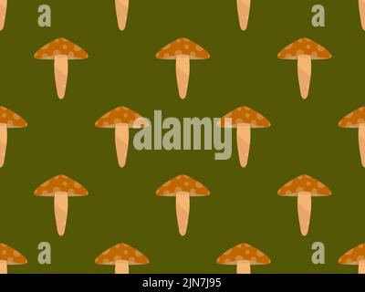 Mushrooms seamless pattern. Mushroom hat with dots on green background. Design for posters, wrapping paper and promotional items. Vector illustration Stock Vector