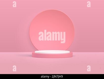 White and pink cylinder pedestal podium. Realistic vector rendering 3d shape. Studio room concept with podium and spotlight minimal wall scene with pink circle Stock Vector