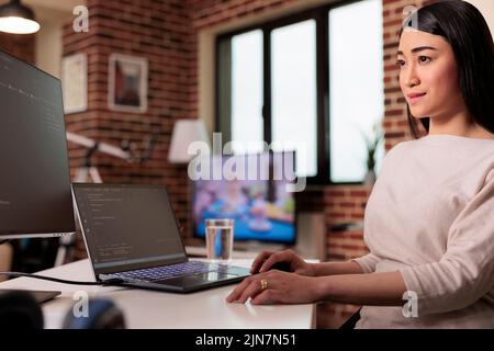 Software web developer coding html script with online cloud server and programming firewall security. Learning new user interface on terminal window with code language and application. Stock Photo