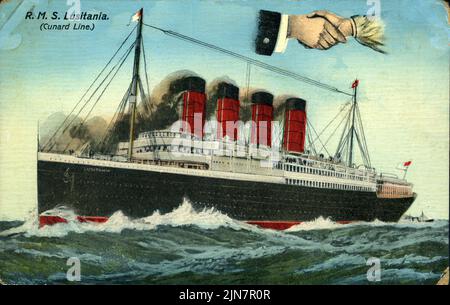 Early 20th Century Vintage postcard of the British Lusitania Passenger Ship, Cunard Line Ocean Liner Historical Hand-Colored Image Circa 1910 Stock Photo
