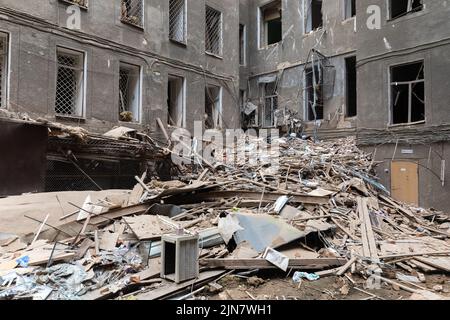 Broken windows in the premises of a historic building. Destroyed building in historical downtown in Kharkiv, Ukraine. 1st Aug, 2022. (Photo by Mykhaylo Palinchak/SOPA Images/Sipa USA) Credit: Sipa USA/Alamy Live News Stock Photo