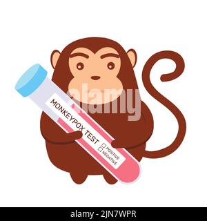 Cartoon monkey holding test tube with blood for Monkeypox virus test. Monkey pox epidemic. Vector illustration in flat style. Stock Vector
