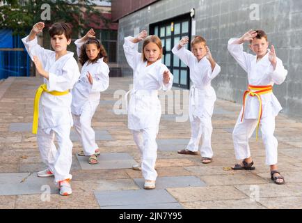 Group of preteen children learning karate movements in schoolyard Stock Photo