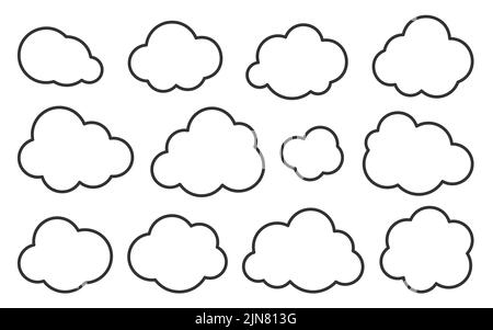 Cloud thin line icons set. Outline vector sign. Linear symbol of weather or database, network, internet storage. Logo design template. Overcast, cleen cloudy sky graphic element collection Stock Vector