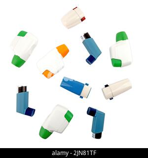 Collage of different Metered Dose Inhaler isolated over white background Stock Photo