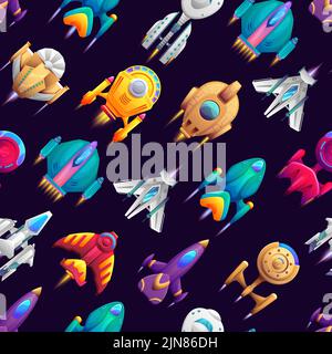 Cartoon galaxy space starships vector seamless pattern background. Kids fantasy galactic rocket shuttles and cosmic spaceships in space, alien UFO spacecrafts and starcrafts pattern Stock Vector