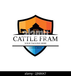 Angus Grass Cow Castle Logo Icon Vector with Shield Premium Quality Stock Vector