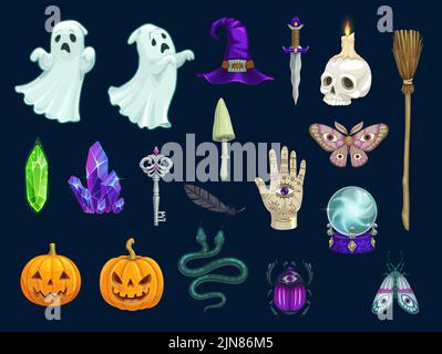 Halloween, magic and occult objects of vector ghosts, pumpkin jack-o-lantern, scarab and witch hat, broom, snake, crystals and mushroom. Cartoon skull, candle, knife and feather, key or all seeing eye Stock Vector