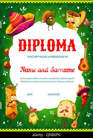 Vertical diploma with cartoon mexican avocado and chili pepper, nachos and tacos, enchiladas characters. Elementary school kids certificate, education achievement diploma or celebration invitation Stock Vector