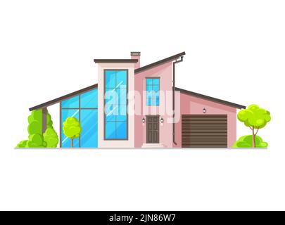 Residential neighborhood, custom built house building with large glass windows, vector. Suburban house or family mansion and bungalow dwelling modern facade, residential architecture or townhouse Stock Vector
