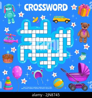 Crossword puzzle game with cartoon kids toys quiz grid worksheet. Vector find a word riddle with helicopter, stroller, pacifier, pyramid. Socks, hare, ball and car, hat, bear, present, balloon, cake Stock Vector