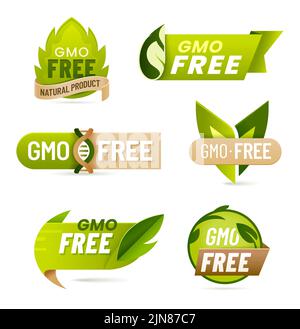 GMO free food icons or labels. Non GMO products vector icons or symbols with green leaves and DNA helix. Organic farm product, food bio safety and vegan diet meals pictogram, seal or sticker Stock Vector