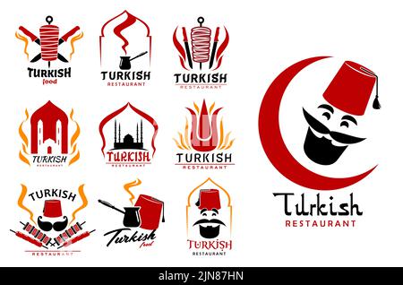 Turkish cuisine food, chef icons and symbols. Turkey fast food restaurant or cafe vector sign, grill bar or coffee shop icons with doner kebab rotisserie, cezve fez red hat and turkish cook face Stock Vector