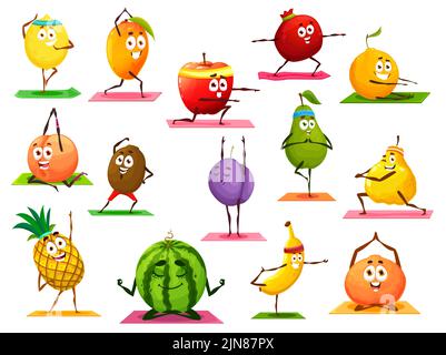 Cartoon fruits characters on yoga, weekly meal planner schedule and ...