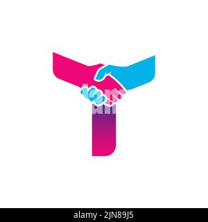 handshake logo isolated on letter T alphabet. Business partnership and union logo design. Stock Vector