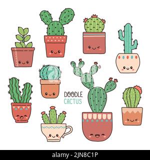 Cute cactus doodle set kawaii succulents vector Stock Vector