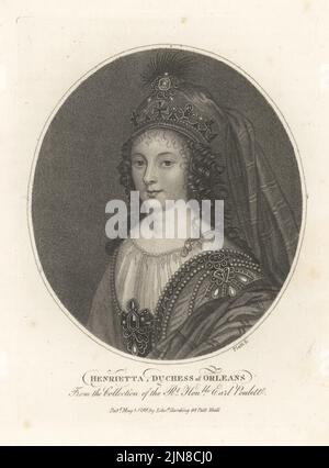 Henrietta Anne of England, Duchess of Orleans, 1644-1670. Youngest daughter of King Charles I of England and Queen Henrietta Maria. After a painting by Jean Charles Nocret, the younger, in the collection of Earl Poulett. Copperplate engraving by Platt from John Adolphus’ The British Cabinet, containing Portraits of Illustrious Personages, printed by T. Bensley for E. Harding, 98 Pall Mall, London, 1799. Stock Photo
