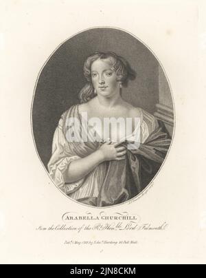 Arabella Godfrey, sister of John Churchill, 1st Duke of Marlborough, mistress of King James II of England, 1649-1730. Arabella Churchill. In pearl earrings, low-cut gown and shawl. From the collection of Lord Falmouth. Copperplate engraving by  Ignatius Joseph van den Berghe from John Adolphus’ The British Cabinet, containing Portraits of Illustrious Personages, printed by T. Bensley for E. Harding, 98 Pall Mall, London, 1800. Stock Photo