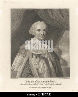 Philip Yorke, 2nd Earl Hardwicke, 1720-1790. Classical scholar and historian. In the parliamentary ceremonial robes of an earl. Philip, 2nd Earl of Hardwicke. Copperplate engraving by Francesco Bartolozzi after William Nelson Gardiner from John Adolphus’ The British Cabinet, containing Portraits of Illustrious Personages, printed by T. Bensley for E. Harding, 98 Pall Mall, London, 1800. Stock Photo