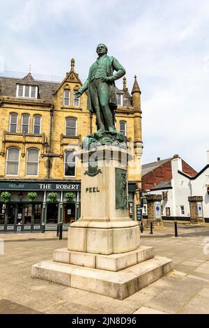 Sir Robert Peel statue in market place Bury Manchester, statue and monument to founder of the modern police and former Prime Minister,England,summer Stock Photo