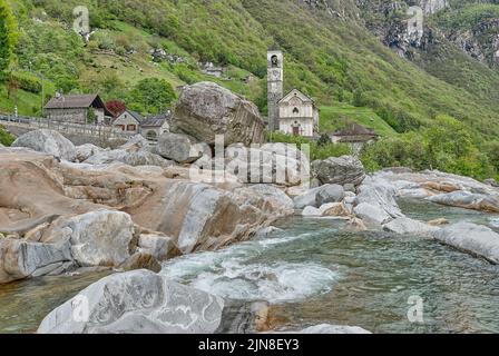 Lavertezzo at Verzasca River in Valle Verzasca,Ticino Canton,Switzerland Stock Photo