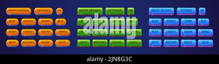 Glossy buttons for game or app menu interface, ui design elements set. Orange, green and blue shiny keys pause, settings, invite friends, ok, quit, bonus, start, buy, play, cancel, share Vector icons Stock Vector