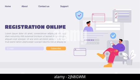 Online registration and sign up landing page. Man signing up to internet account with user interface, character insert personal information, secure login and password, Line art flat vector web banner Stock Vector