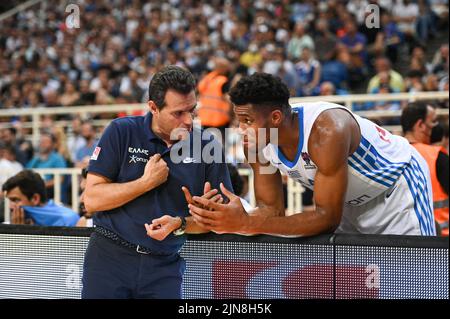 GIANNIS ANTETOKOUNMPO #34 of Greek Basketball Team with DIMITRIS ITOUDIS Head Coach during the friendly match between the Greek National Team and the Stock Photo