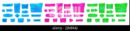 Catoon set of game ui buttons for computer, mobile app isolated on white background. Vector illustration of blue, pink, green bars, arrows, empty frames with gemstone texture. Gui elements collection Stock Vector