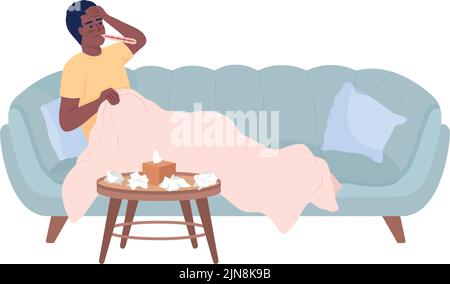 Man with high temperature resting on sofa semi flat color vector character Stock Vector