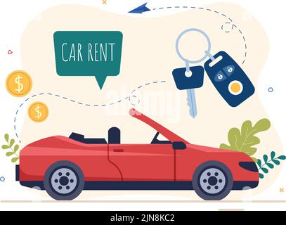 Car Rental, Booking Reservation and Sharing using Service Mobile Application with Route or Points Location in Hand Drawn Cartoon Flat Illustration Stock Vector