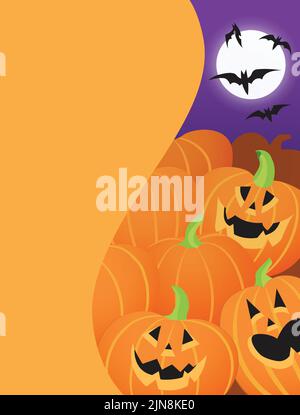 Halloween party poster vector. Carved pumpkins with a night sky in background with bats flying in the moonlight. Halloween party celebration card. Stock Vector